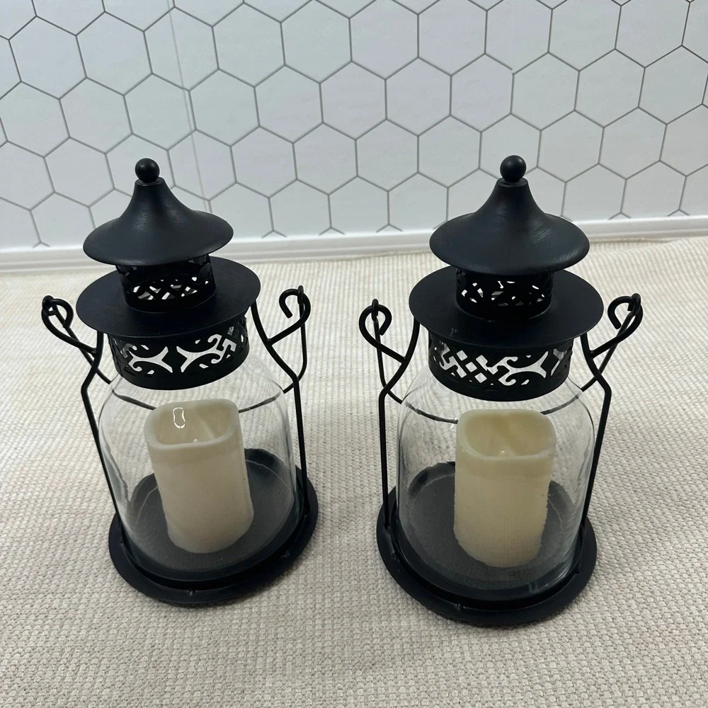 Black Metal Glass Hurricane Lantern with LED Flameless Candle 13.5 Inch